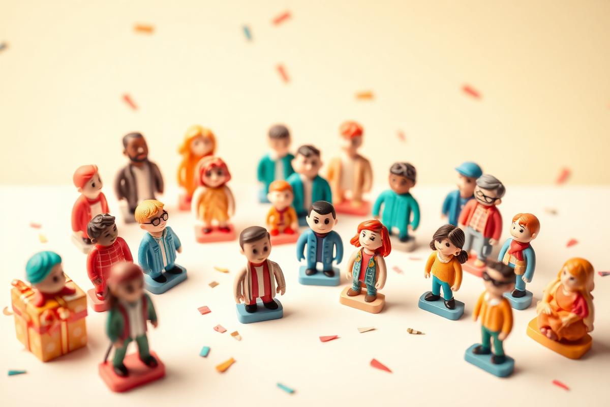 A colorful crowd of personalized 3D-printed mini figurines of people on a warm cream background
