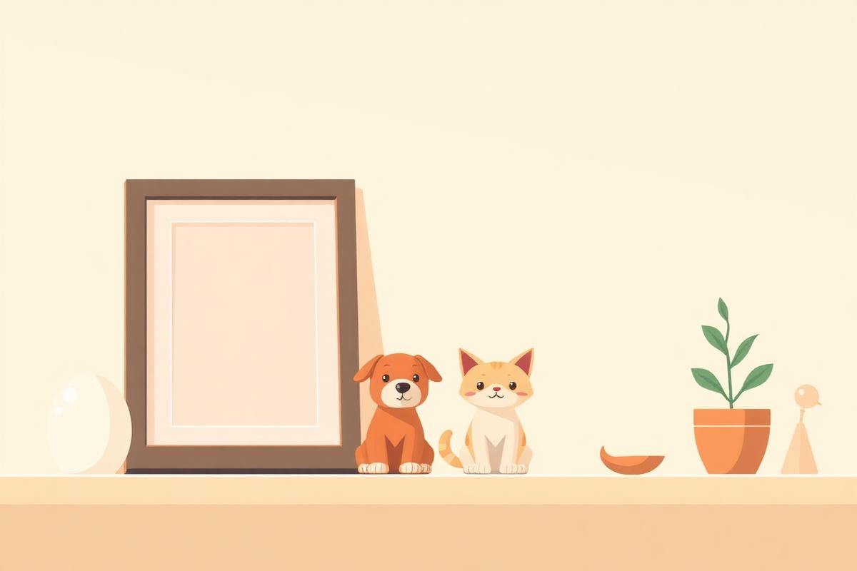 A small 3D-printed figurine of a dog and a cat beside a framed photo and a plant on a cozy shelf